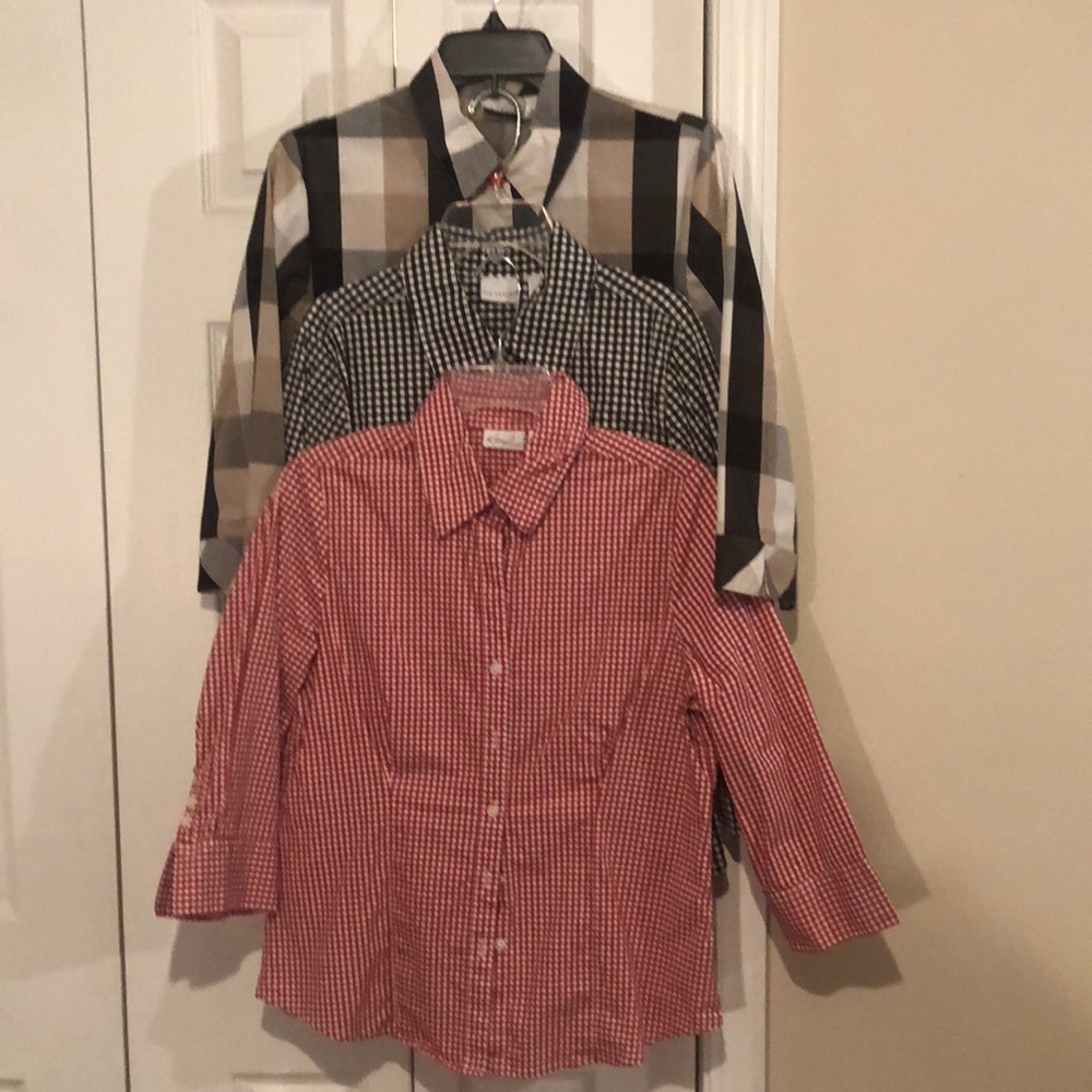 (3) Kim Rogers 3/4 sleeve Oxford shirts: Blk/Tan; Blk/Wht; Red/Wht